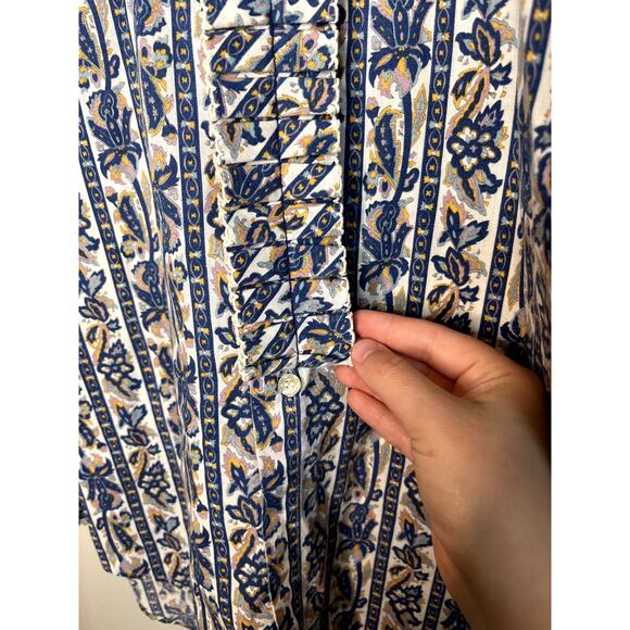 1970s Perma Press Victorian Yellow Blue Paisley Ruffle Disco Dagger Shirt L - Picture 4 of 6